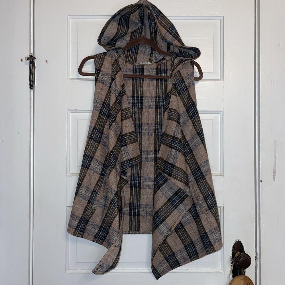 Hem & Thread | Hooded Cardigan Pockets | Brown Blue Plaid Heavy Warm Flannel 42"